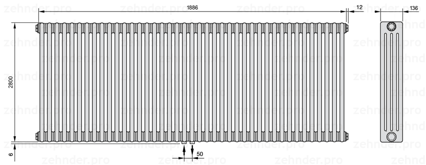 Схема (чертеж) Радиатор Zehnder Charleston 4280/41 №3470 Белый глянцевый RAL 9016